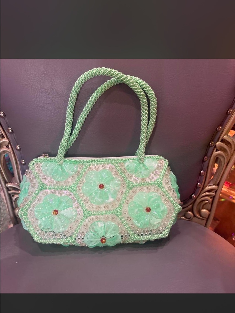 Handmade Mint Green Beaded Floral Mini Shoulder Bag